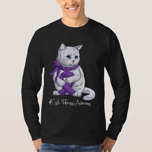 嚢胞性線維症啓発月間 パープルリボン 猫 Tシャツ (正面)