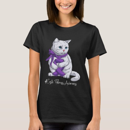 嚢胞性線維症啓発月間 パープルリボン 猫 Tシャツ (正面)