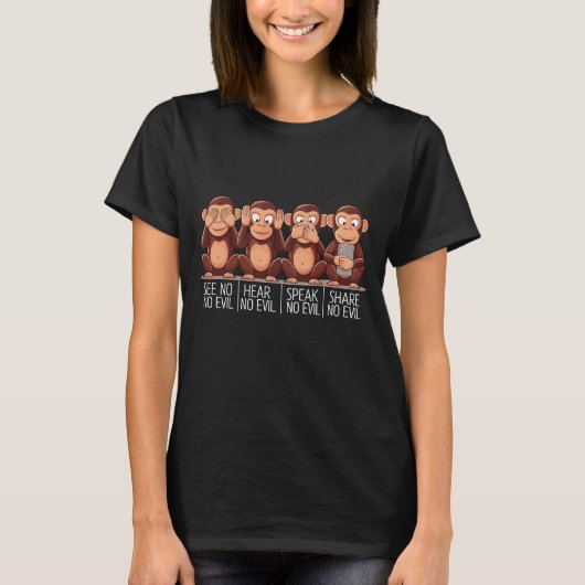 四つの賢いサル:モダンひねり🐒📱 Tシャツ (正面)