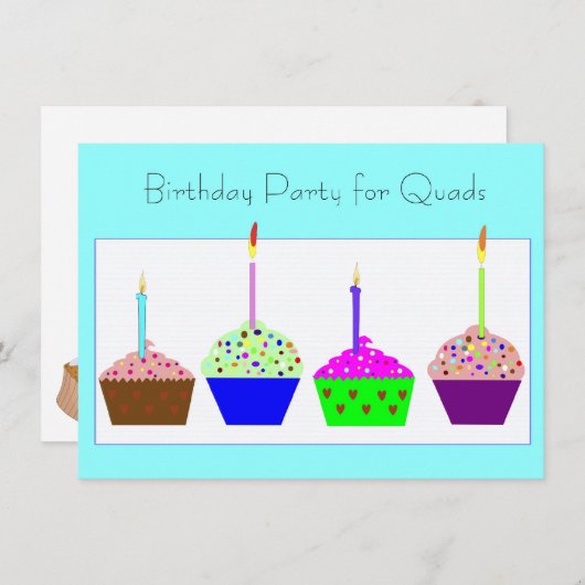四つ子カップケーキ誕生日招待状 招待状 (正面/裏面)