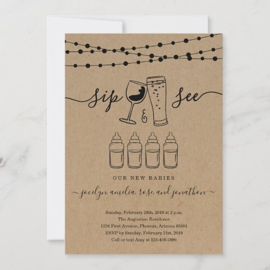 四つ子 シップ＆シー ワイン＆ビール お祝い 招待状 (正面)