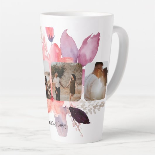 四パーソナライズされた枚の写真と文字の花 カフェラテマグ (右アングル)
