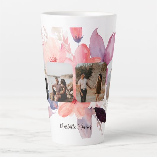 四パーソナライズされた枚の写真と文字の花 カフェラテマグ (正面)