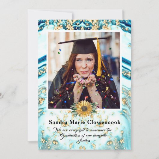 四モダンコラージュ青ひまわり卒業 案内状 (裏面)