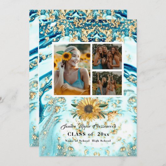 四モダンコラージュ青ひまわり卒業 案内状 (正面/裏面)