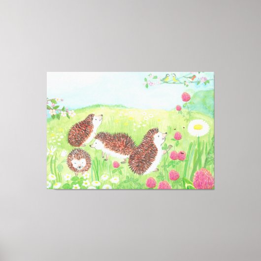 四匹の小さなハリネズミが草原に キャンバスプリント (正面)