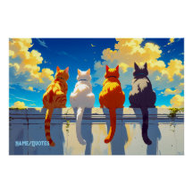 四匹の猫の夕陽鑑賞