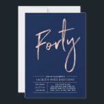 四十 |ブラシモダンバラ金ゴールド40th誕生日パーティー 招待状<br><div class="desc">こ祝の40歳の誕生日のパーティの招待状とスタイリッシュお前の特別な日。このデザインは、ネイビーブルーの背景にクリーンなレイアウトを持つシックなバラ金ゴールドブラシスクリプト"Forty"を備えている。文字カスタマイズと背景色を指定できる。私のショップBaraBomDesignでは、より多くのデザインやパーティーの供給が利用可能である。</div>