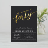 四十 | ブラック&モダン金ゴールドスクリプト40th誕生日 箔招待状 (立ち正面)
