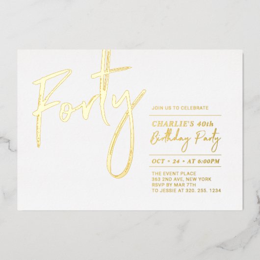四十 |モダン金ゴールド40歳の誕生日パーティー 箔招待状 (正面)