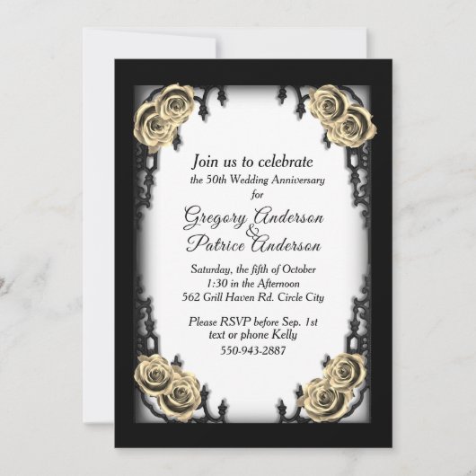 四半期フランスのゴシック金ゴールドバラ記念日 招待状 (正面)