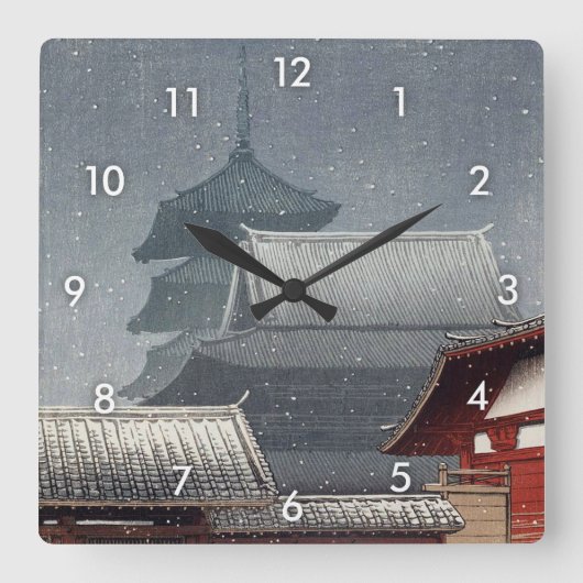 四天王寺、大阪のShitennō-ji、Hasui Kawaseの木版画 スクエア壁時計 (正面)