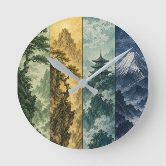四季の山 | 日本の墨絵風景 ラウンド壁時計 (正面)