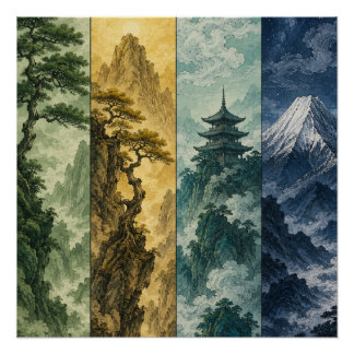 四季の山 | 日本画の墨絵風景 ポスター