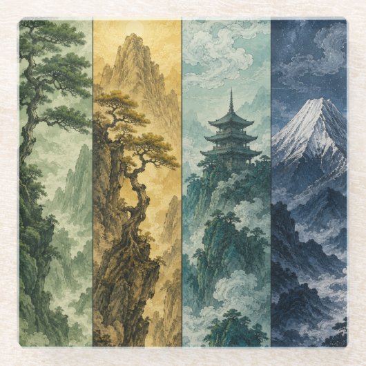 四季の山 | 日本画 風景画 ガラスコースター (正面)