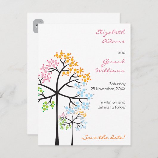 四季の木々ウッドランドウェディング日付を保存 案内ポストカード (正面/裏面)