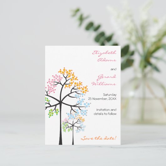 四季の木々ウッドランドウェディング日付を保存 案内ポストカード (スタンド正面)