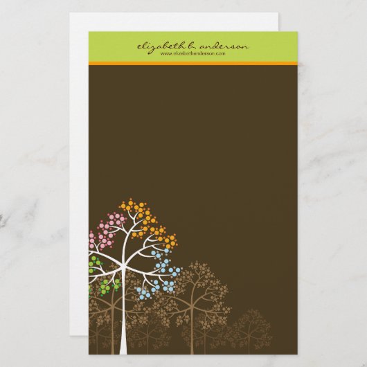 四季の木が茶色のノートカード文房具に 便箋 (正面/裏面)