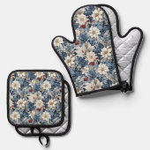 四季折々の冬の花タイル模様 鍋つかみ&鍋敷きセット (正面/裏面)