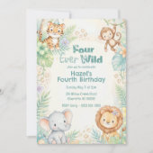 四歳の誕生日おめでとう Jungle Safari Animals Four Ever Wild 招待状 (正面)