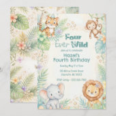 四歳の誕生日おめでとう Jungle Safari Animals Four Ever Wild 招待状 (正面/裏面)