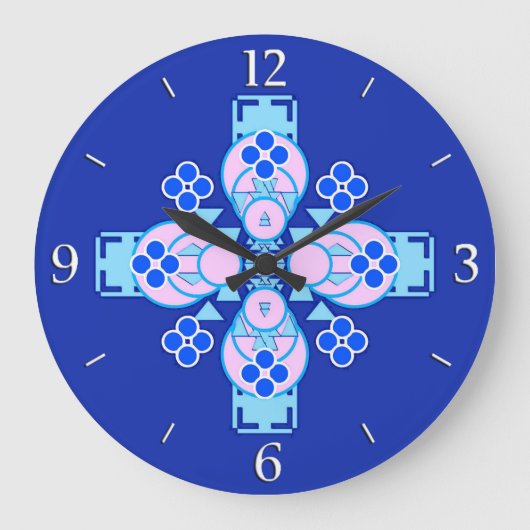 四点曼荼羅 – 蘭、青、コバルト ラージ壁時計 (正面)
