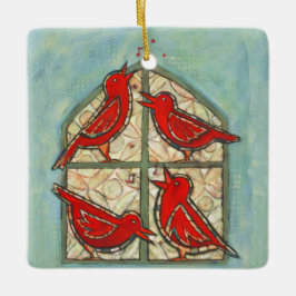 四羽の呼び鳥のクリスマスの飾り セラミックオーナメント