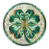 四葉クローバー – 緑の大理石と金ゴールド セラミックノブ (正面)