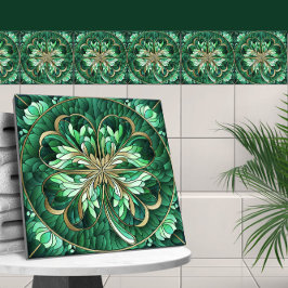 四葉クローバー – 緑の大理石と金ゴールド タイル