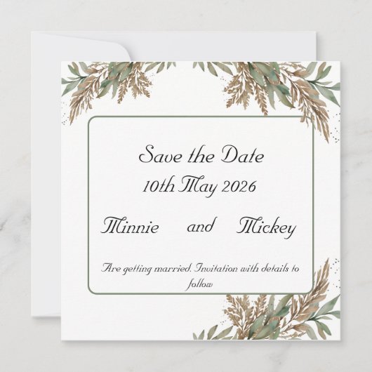 四角いカード - 緑と茶色の葉 セーブザデート (正面)