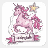 四角いステッカー、ユニコーンと碑文、手 スクエアシール (正面)