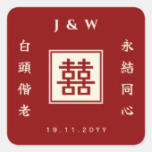 四角いダブル中国のハピネス結婚のステッカー スクエアシール (正面)