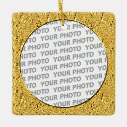 四角い枠に丸い金ゴールドの葉+写真 セラミックオーナメント (正面)