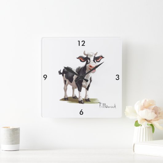 四角い白黒の牛時計 スクエア壁時計 (ホーム)