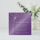 四角い紫のきらめくクモの巣ハローウィンパーティ 招待状 (スタンド正面)