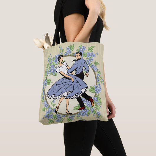 四角い踊りカップル青と花 トートバッグ (クローズアップ)