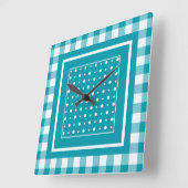 四角スタイリッシュ壁クロック、ティール(緑がかった色)チェックジンガム スクエア壁時計 (傾斜)