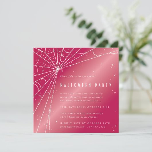 四角ピンクきらめくスパイダーウェブハローウィンパーティ 招待状 (スタンド正面)