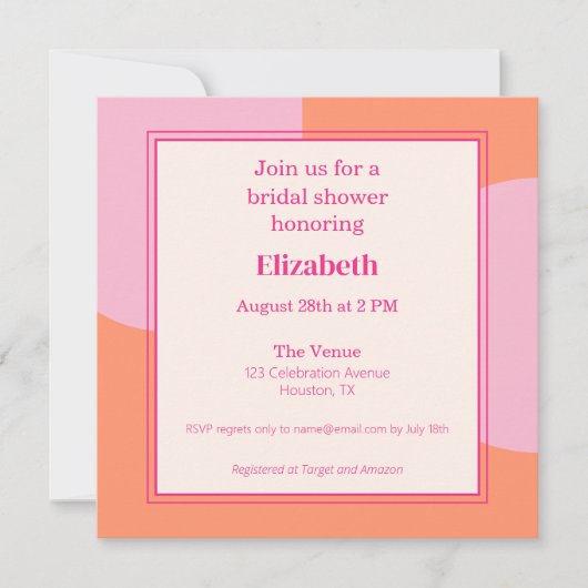 四角ピンク&オレンジのブライダルシャワー招待 招待状 (正面)