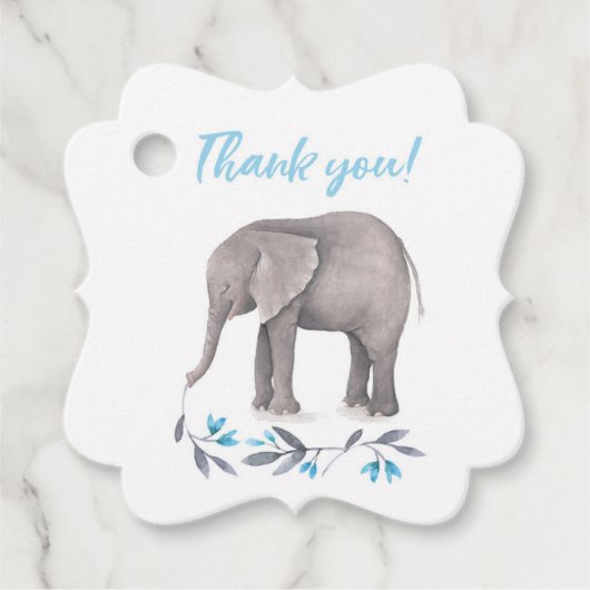 四角ファンシー象の男の子の赤ちゃんシャワーメッセージカード フェイバータグ (正面)