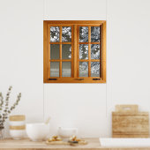 四角フェイク窓の幻影 – 白い花 ポスター (キッチン)