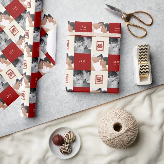 四角形のダブル結婚ハピネスの写真コラージュ ラッピングペーパー (クラフト)