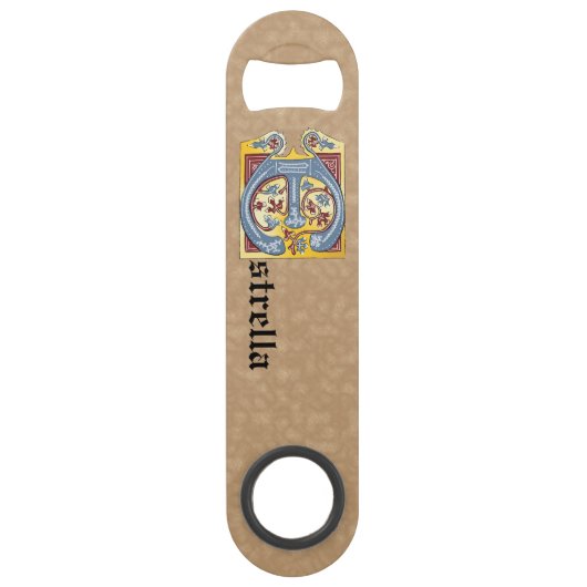 四角形の青と赤のツタの照明付き文字E スピード栓抜き (正面)