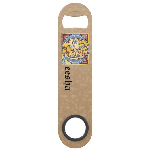 四角形の青と赤のツタの照明文字Q スピード栓抜き (正面)