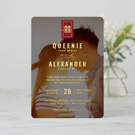 四角形ダブル幸せ中国の写真結婚の数 箔招待状 (立ち正面)