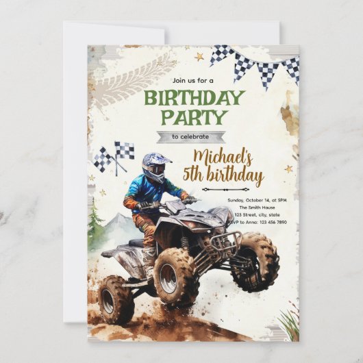 四輪バイクの誕生日パーティー招待状 招待状 (正面)