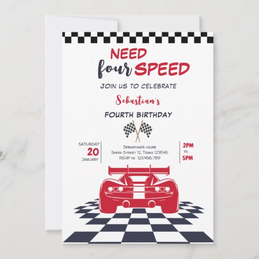 四速レーシングカー四番目の子供の誕生日が必要 招待状 (正面)