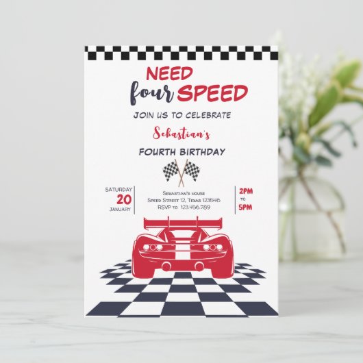 四速レーシングカー四番目の子供の誕生日が必要 招待状 (スタンド正面)