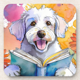 回復するシュヌードル犬、大きな本を読む コースター