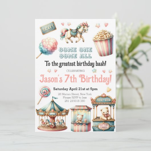 回路カーニバル回転木馬フェスティバルパーティー誕生日 招待状 (スタンド正面)